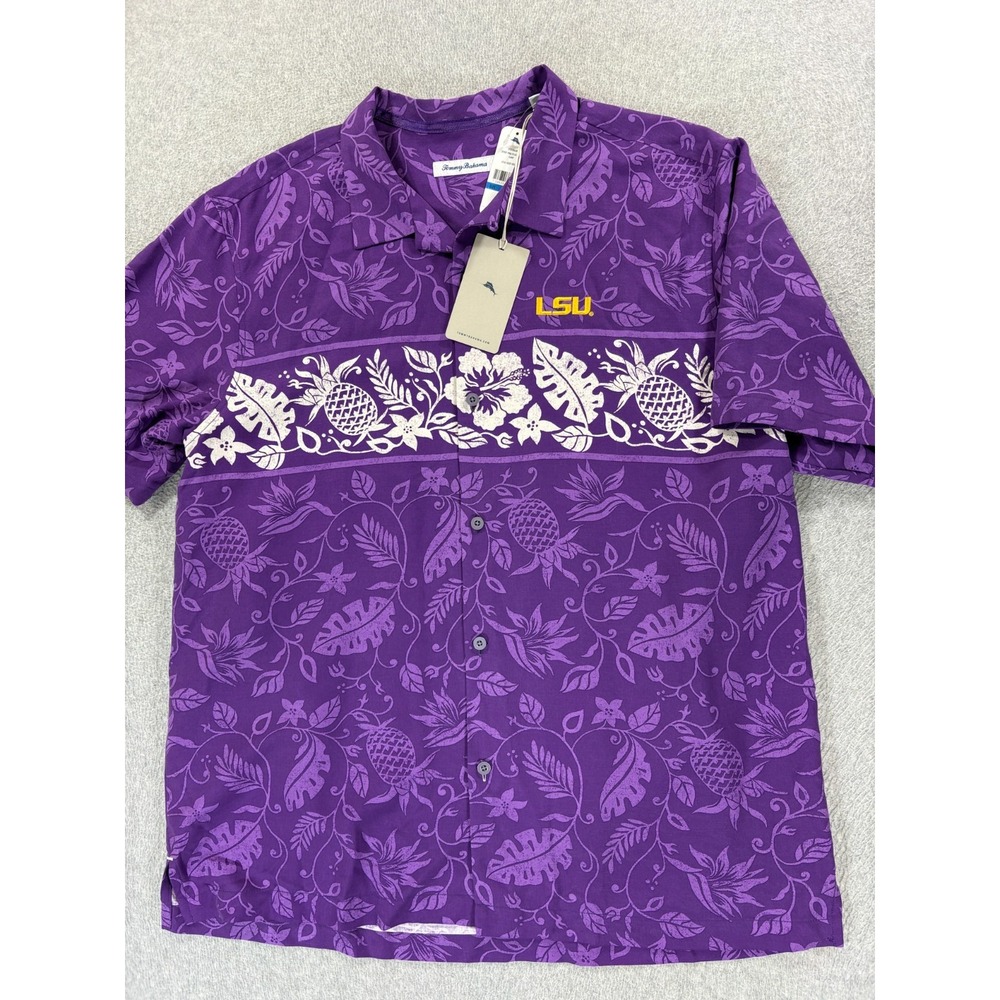 NWT LSU Tigers Tommy Bahama Silk S/S Campus Shirt (Men's XL) Purple